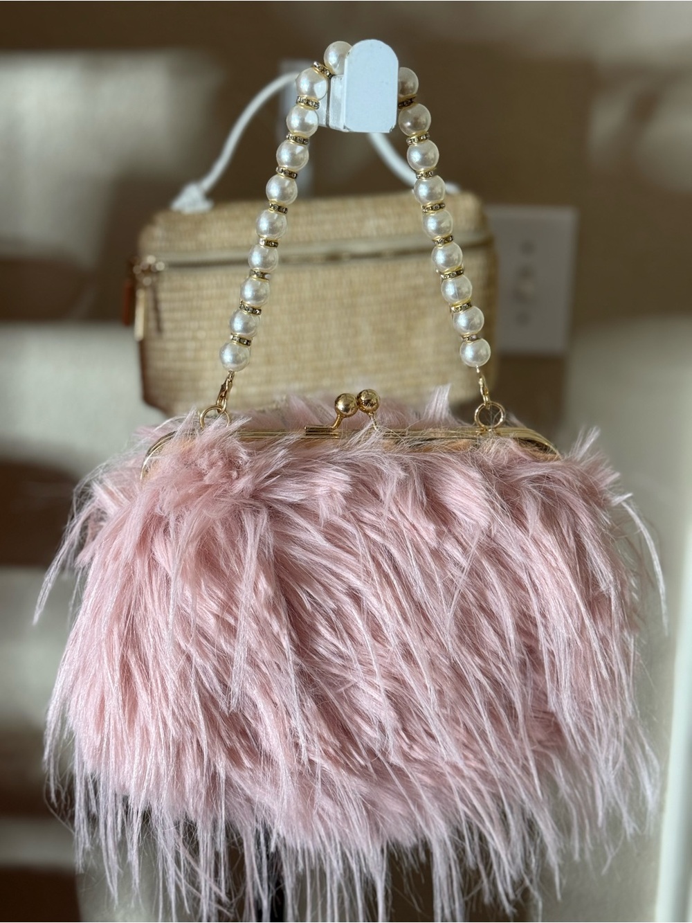 Pearl-Handle Pink Faux-Fur Evening Bag